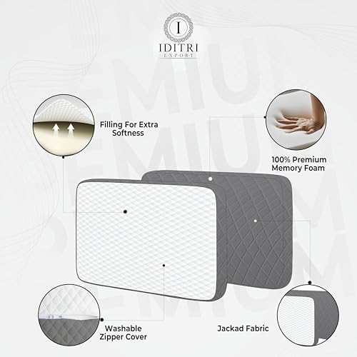 Image of High Density Core Memory Foam Pillow, 50x30x6 cm Shredded Support for Neck Relief, White /Grey Breathable Jacquard Case, Orthopedic Bedding for Deep Sleep and Aligned Spine
