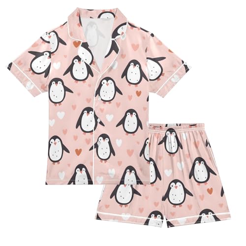 ALAZA Valentines Penguin Heart Love Satin Pajamas Set Short Sleeve Button Down Sleepwear Summer Pjs 2 Piece