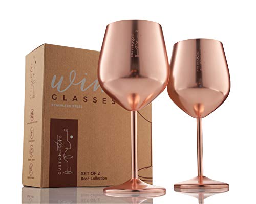 Stemmed Stainless Steel Wine Glasses – 18 oz Unbreakable Goblets for Outdoor Pool Party Anniversary and Wedding Toasting – Elegant Rose Gold Drinkware for Champagne and Cocktails Set of 2