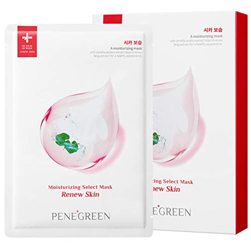 PENEGREEN Sheet Facial Mask Face Mask Korean - Cica Revitalizing & Replenishing Formula for Damaged Skin, Original K-Beauty Skin Care (Renew Skin) x 10 sheets