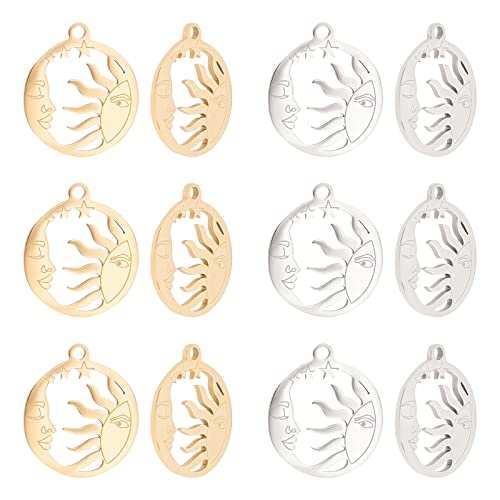 UNICRAFTALE 12pcs 2 Couleurs Plat Rond avec Soleil Pendentif Charms Pendentifs en Acier Inoxydable Trou 1.5mm Creux Métal Charms Bracelet Fabrication de Bijoux Or Acier Inoxydable Couleur 17x15x1mm Cover