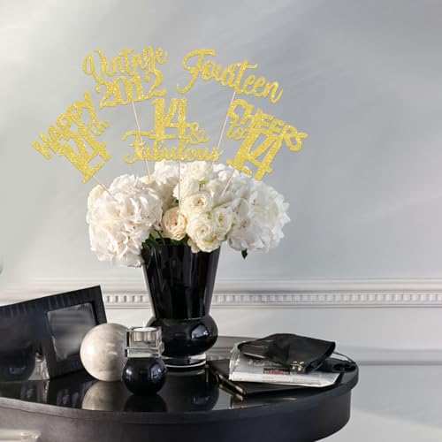 Image of 15 PCS 14th Birthday Centerpiece Sticks Fourteen Happy 14 Vintage 2012 Table Flower Centerpieces Sticks Cheers to 14 Fabulous Floral Decorations for 14th Birthday Party Supplies Gold
