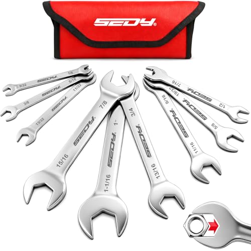 Image of 9-Piece Super Thin Open-End Wrench Set, SAE 1 /4 inch-1-1 /16 inch, 3mm Thickness Slim Wrench Set for Tight Spaces, Nickel Plated Flat Wrenches with Rolling Storage Pouch