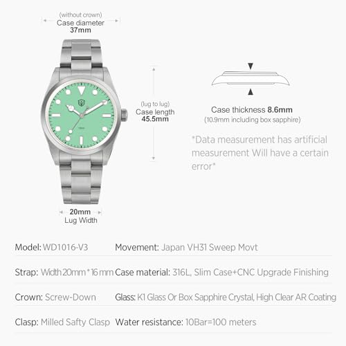 Image of watchdives VH31 Quartz Watch, WD1016 V3 Men Watches 37mm Dial Stainless Steel Wristwatch Sweep Sports Watch 100M Waterproof