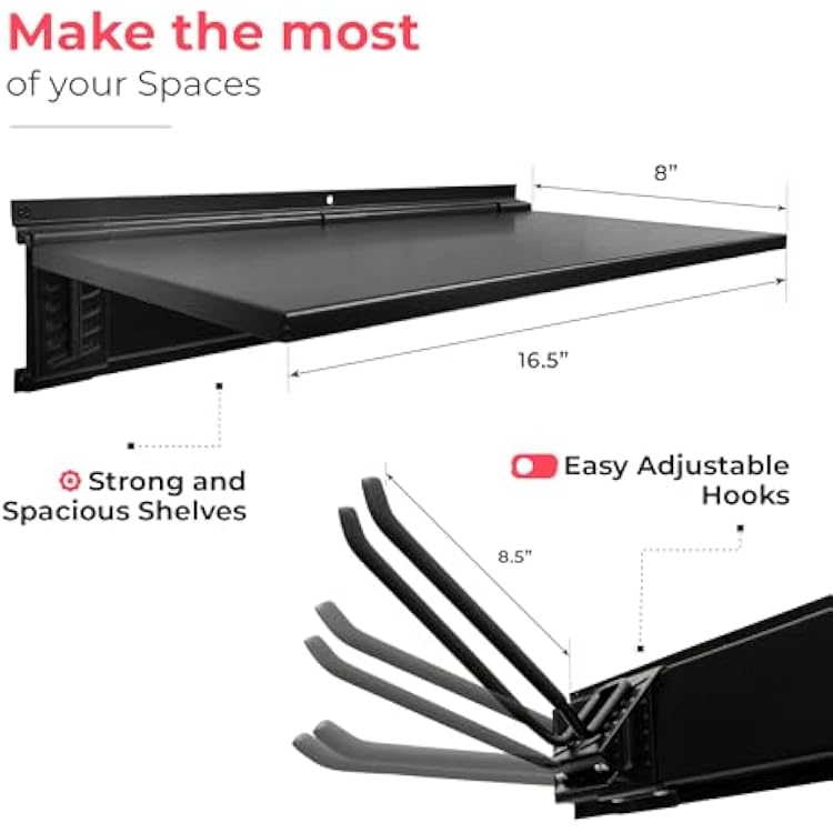 Heavy-Duty Garage Wall Storage System | Wall Mounted Tool Organizer Rack with Shelving | 10-Piece Mounting Kit | Includes 4x8.5 Adjustable Hooks & 2x16.5 Floating Utility Shelves