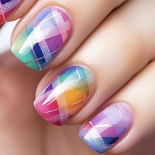 Rainbow Checkered Press on Nails Short Square Gradient Fake Nails...