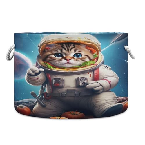 Round Cute Space Astronaut Cat Storage Basket Large Organizer Bin Laundry Hamper Toy Storage Basket with Handle for Nursery Clothes Toys 202b4999