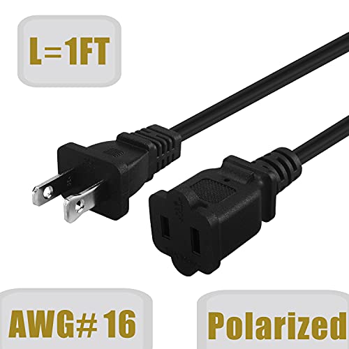 Short 1-Foot Polarized Us 2-Prong Male-Female Extension Power Cord ,16Awg 2 Outlet Extension Cable 2-Prong Male/Female 10A/125V,Nema 1-15P To 1-15R Extension Cable #TOP1