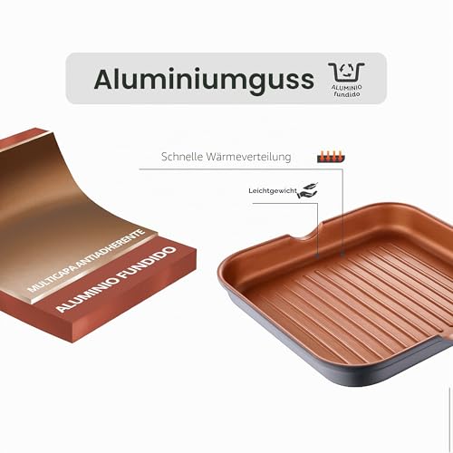 Foto von SAN IGNACIO Bronze | Antihaftbeschichtete Grillpfanne 28 x 28 x 4,5 cm cm | Aus Gegossenem Aluminium | Effiziente Wärmeverteilung | Mit Soft-Touch-Griff | Geeignet für Alle Herdarten
