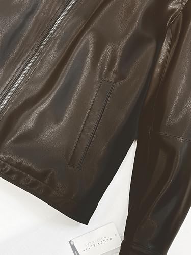 Image of PERRY ELLIS Men's Leather Jacket Classic Zip Front Coat with Turn-Down Collar