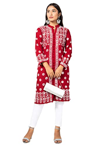 Image of FAWOMENT Women's Hand Embroidered Exclusive Rayon Kurta with Fine Lucknowi Chikankari Kurta Front Open Rose Kurta Women and Girl