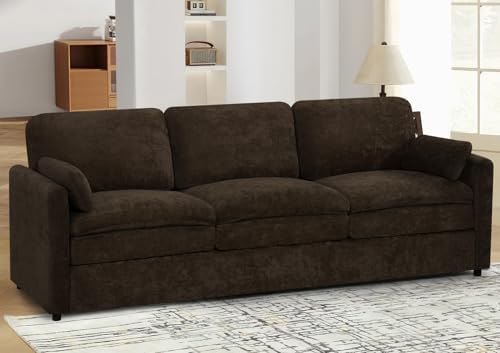 89" Chenille Modern Sofa w/Plump Backrests, 3 Seater Couch w/Soft Pillows, Comfy Upholstered Couch w/Thicker & Deeper Seats for Living Room, Bedroom, Brown