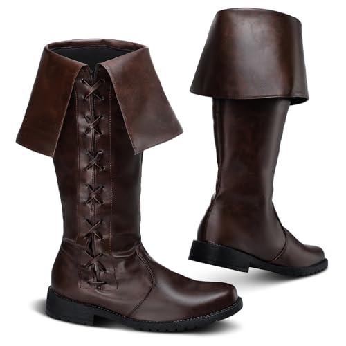 Image of Ramede Halloween Medieval Pirate Boots Men Renaissance Boots Mid Calf Lace up Gothic Viking Costume Cosplay Shoes Footwear(Brown,11)