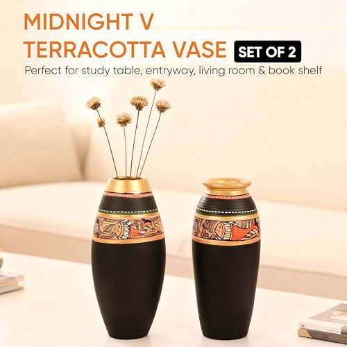 Image of Aakriti Art Creations Vase Earthen Black Madhubani Set of 2 | Hand-Painted Terracotta Flower Vases | Matte Finish Decorative Vases for Living Room, Table Decor & Gifting