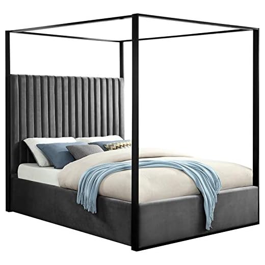Meridian Furniture JaxGrey-K Jax Collection Modern | Contemporary Velvet Upholstered King Bed, Grey Velvet, Deep Channel Tufting, Matte Black Steel Canopy, 82" W x 86.5" D x 78.5" H, Grey, King