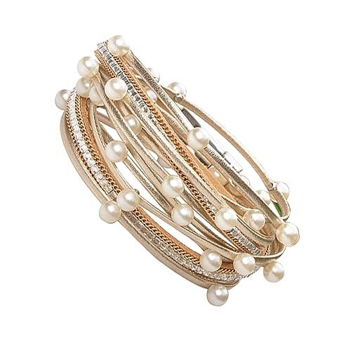 COLLBATH Bracelet Femme Cuir Pu avec Perles et Strass Bijou Élégant et Chic pour Poignet Or
