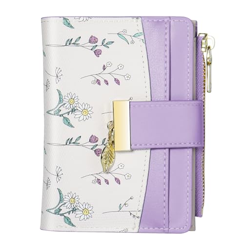 Image of Avando Wallets for Women- RFID Blocking- Soft PU Leather Bifold Coin Zipper Pocket Purse-Small flower wallet Credit Card Holder with ID Window (Purple)