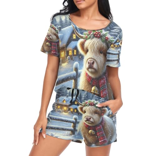 Lotupokon Christmas Highland Cow Pajamas for Women Set Short Sleeve Sleepwear Nightwear Pj Set,S