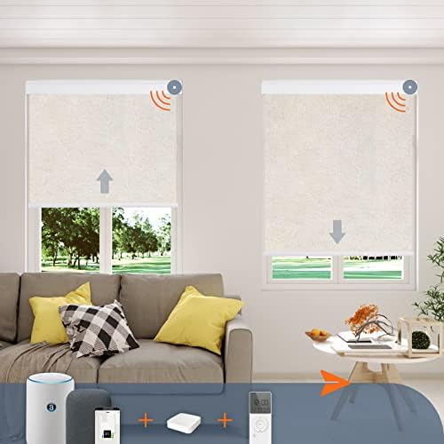 Kerxwerd Motorized Roller Shades Window Blind Remote Control Fabric 100% Blackout Valance Compatible with Alexa Google Siri, Customized Size (Linen Beige)