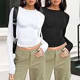 Paquete de 2 camisetas de manga larga para mujer, color blanco y negro, camisetas cortas ajustadas, camisetas básicas elásticas, Negro Blanco, S