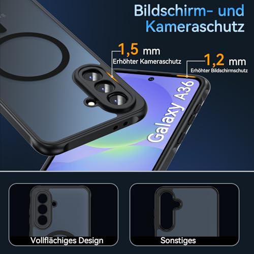 OWKEY für Samsung Galaxy A36 Hülle, Magnetisch Handyhülle für MagSafe mit Schutz Glas Dünn Militärschutz Schutzhülle Case für Samsung Galaxy A36 (Schwarz) 6