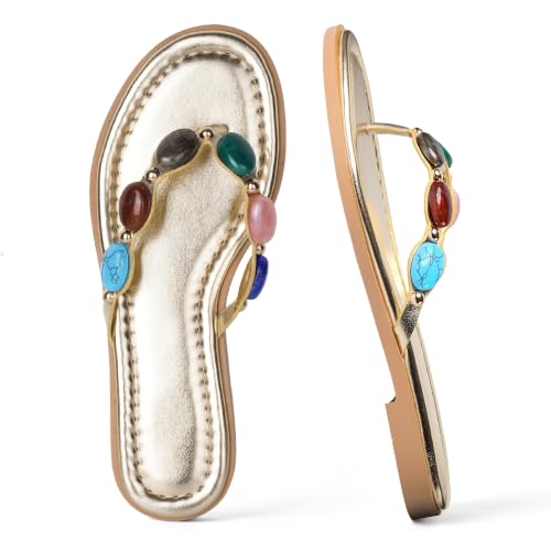 Image of DREAMSTORY Womens Beaded Flip Flops Beach Jeweled Thong Sandals Gold 8.5 | Open Round Toe, Slip on, Colorful Gemstones Embellished, Fashionable Summer Beach Style, Casual Flat Studded Shoes