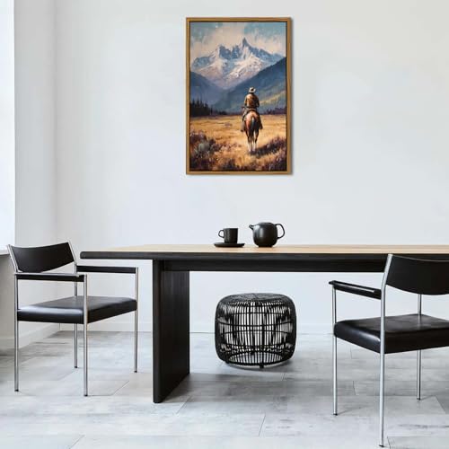 Image of Western Cowboy Wall Art Vintage Western Framed Wall Decor for Bedroom | 24x36 inch Cowboy on Horse Canvas Prints Fall Mountain Landscape Painting Rustic Country Wall Decor for Living Room Home Office