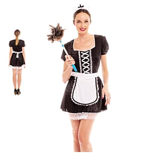Partilandia Disfraz Criada Sexy Camarera Francesa MujerTallas Adulto S a L[Talla M]Vestido con Delantal y Cofia Disfraz Mujer Despedidas Soltera Carnaval
