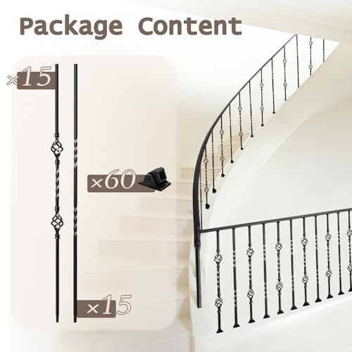 30 Pack Wrought Iron Balusters for Staircase Interior, 1/2" x 44" Hollow Deck Spindles Stair Railing Indoor with 60 Fixed Swivel Shoes, Metal Double Basket Decorative Stair - Matte Black by ACNOYEL - Image 3
