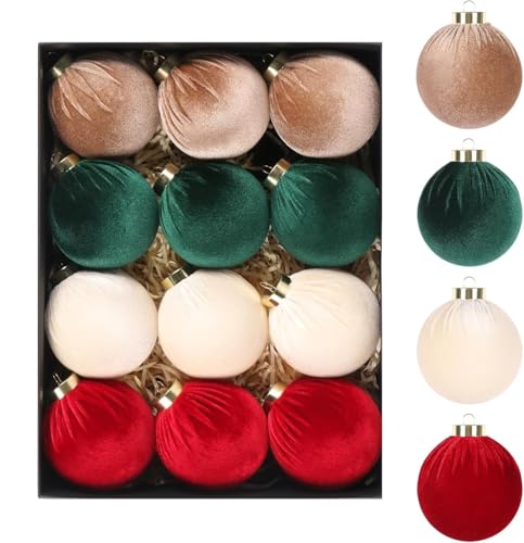 LATERN 12 Pezzi Palline di Natale In Velluto, 8CM Fiocco Ornamenti Palline di Natale Decorative Infrangibili Appendere per Albero di Natale Festività Casa Natale Festa Decorazioni (4 Colori)