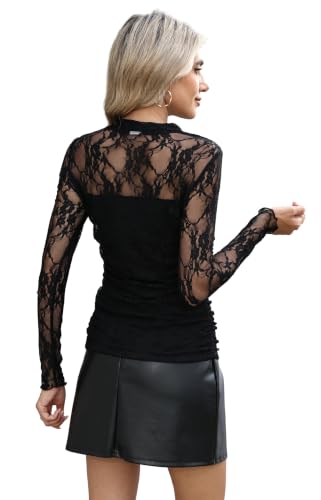 WIHOLL Womens Sexy Mesh Long Sleeve Shirts Turtle Necks Sheer Ruched Tops | Ruched sheer mesh mock turtleneck,long sleeve,fit club,date night,business and fall casual outfits — view 5