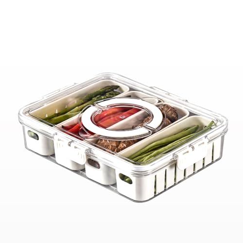 VZU - VZU Refrigerator Crisper Box with Lid, 4 Compartment Fridge Food Veggie Condiment Divided Serving Preservation Storage Containers, Air Tight Food Storage Container with Drainage Function