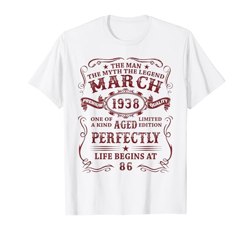 Vintage 1938 Regalos 86 Años Cumpleaños Hombre Marzo 1938 Camiseta