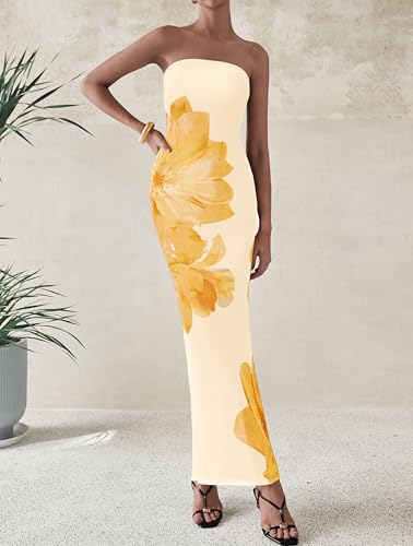 Image of PRETTYGARDEN Women Summer Strapless Maxi Dress Bodycon Floral Sexy Long Wedding Guest Dress Formal Tube Mesh Cocktail Dresses