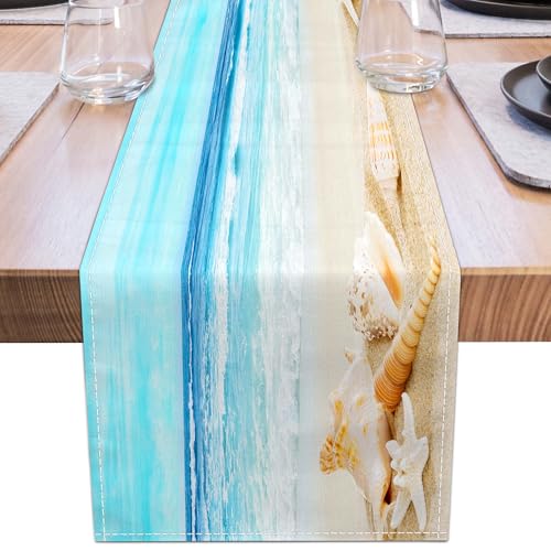 Coastal Table Runner Beach Coffee Table Runner Linen Farmhouse Dress Scarves Teal Blue Tablerunner for Kitchen Dinner Ocean Nautical Decor (13" x 36", Beach)