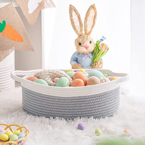 Goodpick Small Woven Basket Cute Gray Rope Basket Cotton Basket Baby Room Storage Basket Dog Toy Basket With Handles Empty Gift Basket For Shelf 12"X 8" X 5" Easter Basket Oval Candy Color Design #TOP1