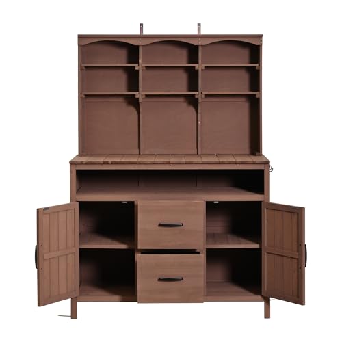 Merax 45.3" Large Outdoor Fir Wood Potting Bench with Storage, Multi-Functional Patio Kitchen Island with 6-Shelf Hutch+2 Cabinets+2 Drawers+3 Hooks, Garden Workstation for Planting, Gardening, Brown by Merax - Image 6