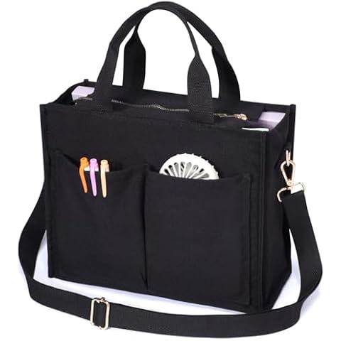 F-color College Tote Bag for Women - Crossbody Canvas Bag with Zipper & 7 Pockets, Everyday Bag with 14“ Tablet Compartment for College Teacher Work Travel Daily Bag, Large Black Cover