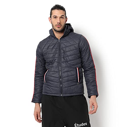 Image of CAHOOT Men's Quilted Puffer Jacket With Contrast Striped Sleeve For Casual Wear | Hood Neck | Long Sleeve | Zip Closure | Polyester Jacket Crafted With Comfort Fit For Everyday Wear