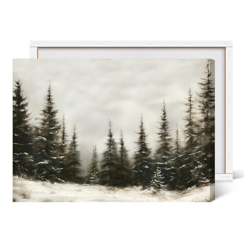 Winter Pine Forest Painting Rustic Christmas Landscape Art Snowy Xmas Trees Pictured Wall Decor Evergreen Tree North Prints Poster Decoration for Gallery Living Room Bedroom 8x12inch Wrapped Frame