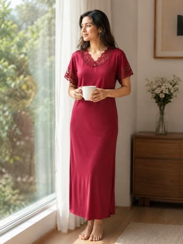 Image of 9shines Label Stylish Soft Modal Maxi Nighty | Honeymoon Nighty | Full Length Trendy Nightgown | V-Neck Lace | Premium Nightdress | Soft Long Nightdress | Maxi Gown Nightwear for Women (Malai Satin)