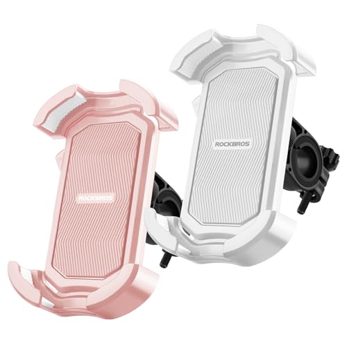 Image of ROCKBROS Bike Phone Holder - Motorcycle & Scooter Mount, Adjustable, Shockproof, Security Lock, 4.7'-6.8' Phones 2-Pack (Handlebar Mount Pink + White)