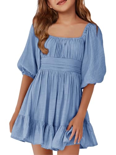 Image of Haloumoning Girls' Summer Dresses Short Sleeve Square Neck Lace-Up Backless Ruffle A-line Party Mini Dress, Blue, 12-14 Years