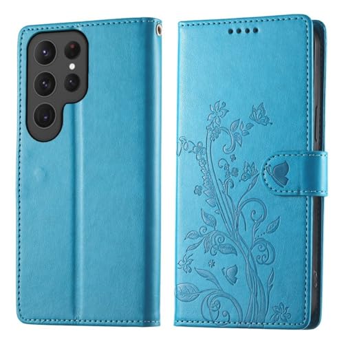 Étui portefeuille bleu Galaxy S21 Ultra clapet magnétique à motif papillon