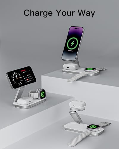 Image of Keepro 3-in-1 Charging Station for Apple Device, Foldable Magnetic Wireless Fast Charger Stand Compatible with MagSafe for iPhone 17e /17 /16 /15 /14 /13 /12 /Air Series, Apple Watch & AirPods-White
