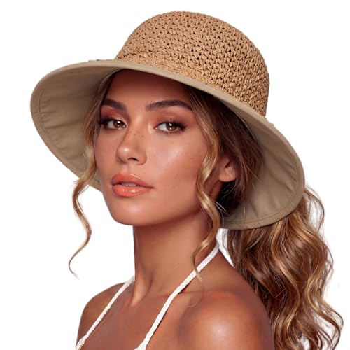TOP-EX Summer Beach Straw Sun Hats for Women Cooling Ponytail Bucket Wide Brim Packable UV Protection Fedora Fashion Ladies Khaki Large L