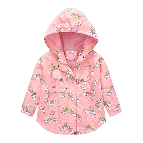 Hooded Raincoat for Girls Windproof Zip 𝗖artoon Print Lightweight Outerwear Toddler Loose Jacket with Pocket