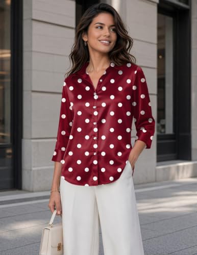 Image of Zeagoo Womens Satin Blouses Button Down Shirts 3 /4 Sleeve Dressy Tops S-2XL