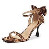 Carcuume Women's Square Toe Heels Bow Tie Ankle Strap Heel Sandals Open Toe Wedding Shoes, ZETA-LEOPARD-8
