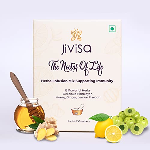 Image of JiViSa The Nectar of Life Herbal Infusion Mix - 13 Powerful Herbs with Honey, Ginger & Lemon Flavour | Immunity Support Kadha Powder | Sugar-Free Diabetic-Friendly Tea Sachets (10 Count)